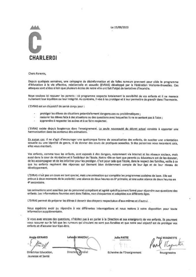 EVRAS: La Ville de Charleroi a adressé un courrier aux parents des élèves afin de les rassurer