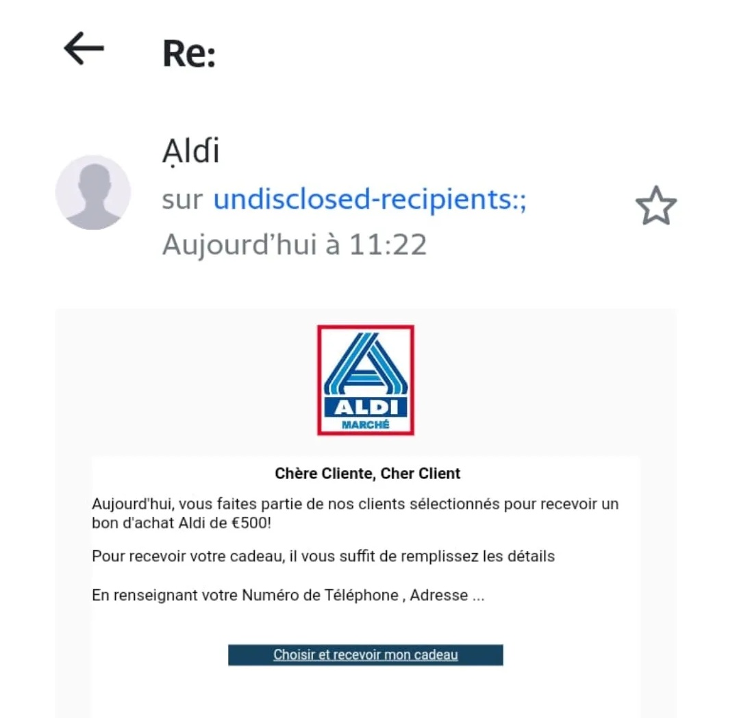 Une nouvelle arnaque circule par mail avec le logo des magasins Aldi 