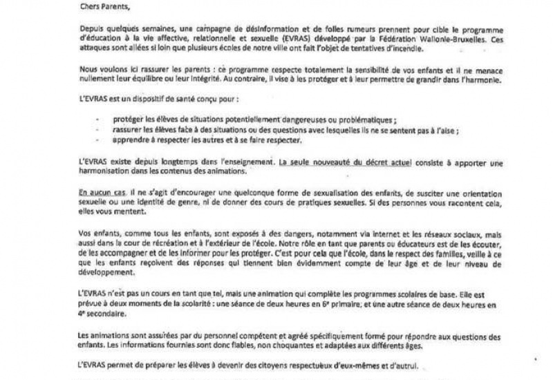 EVRAS: La Ville de Charleroi a adressé un courrier aux parents des élèves afin de les rassurer