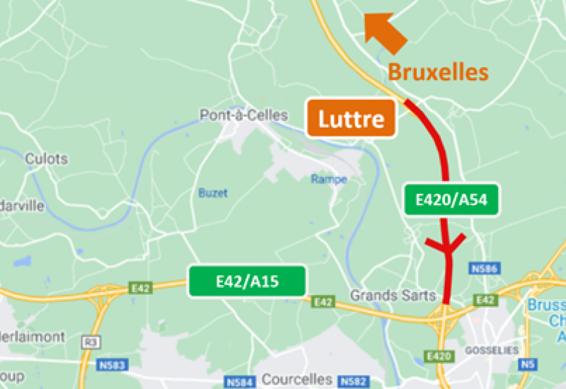 l’autoroute E420/A54 sera totalement fermée entre Luttre et Thiméon  