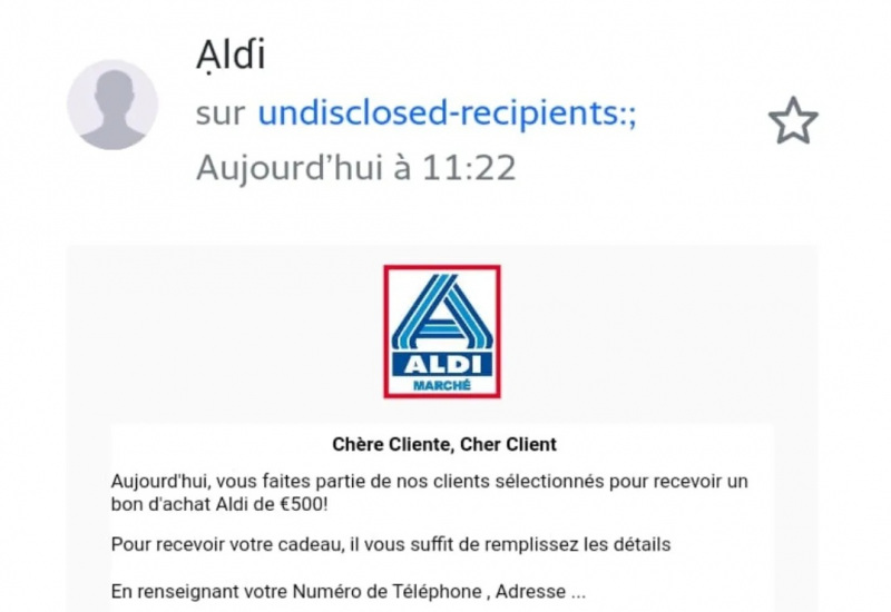 Une nouvelle arnaque circule par mail avec le logo des magasins Aldi 